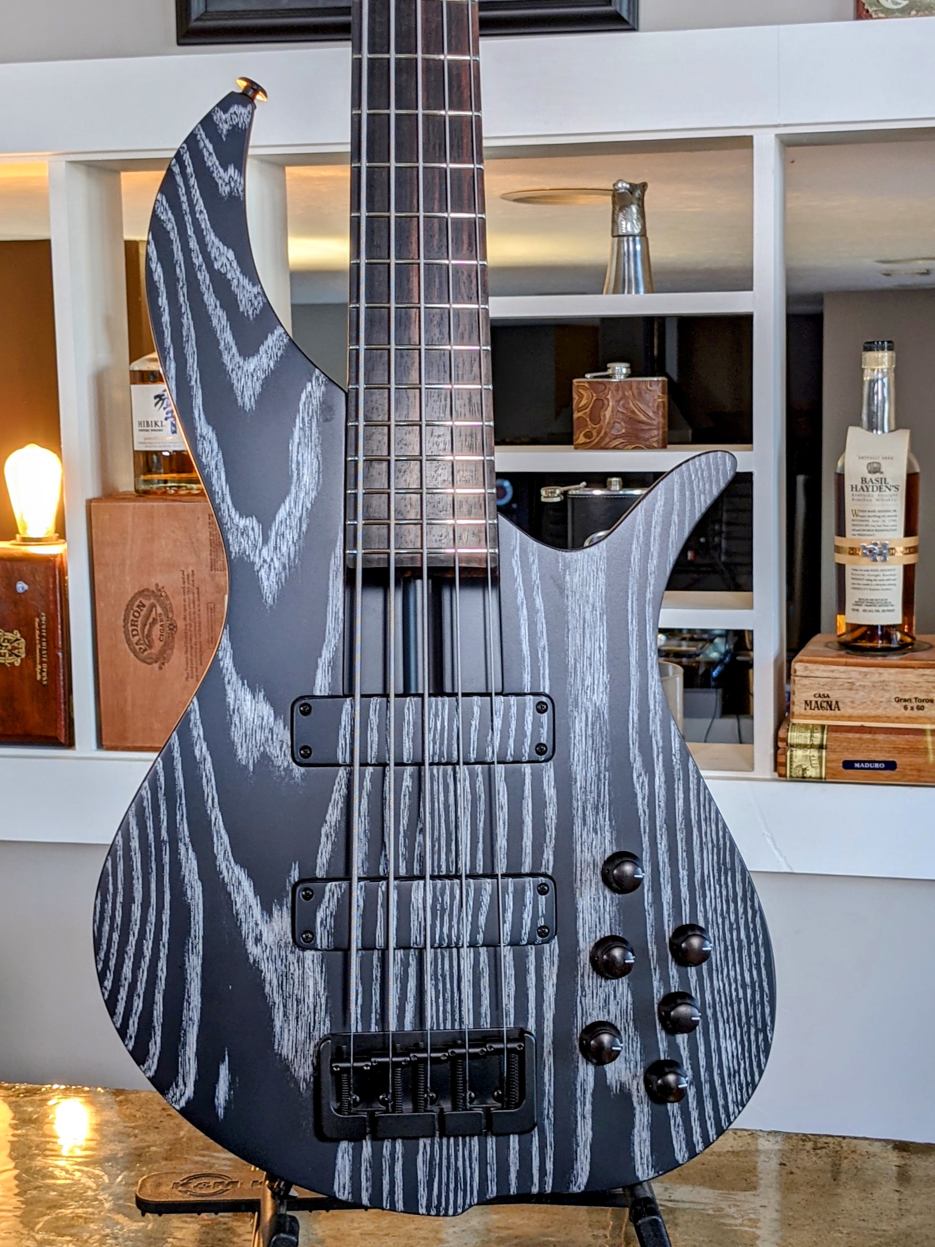 F Bass BN5: Flat Carve top, Black & White Ceruse Finish, Roasted 
